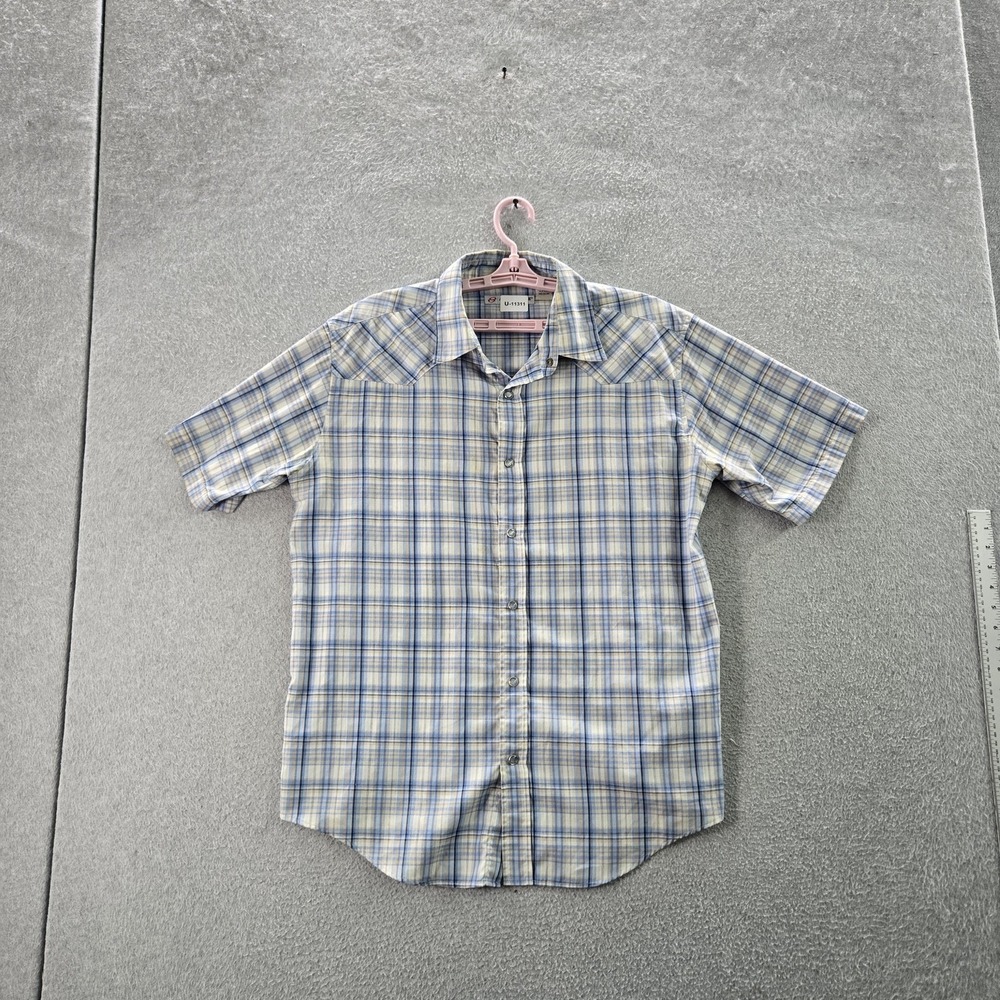 Anchor Blue Men Button Up Shirt MEDIUM Plaid Short Sleeve Logo‎ Snap